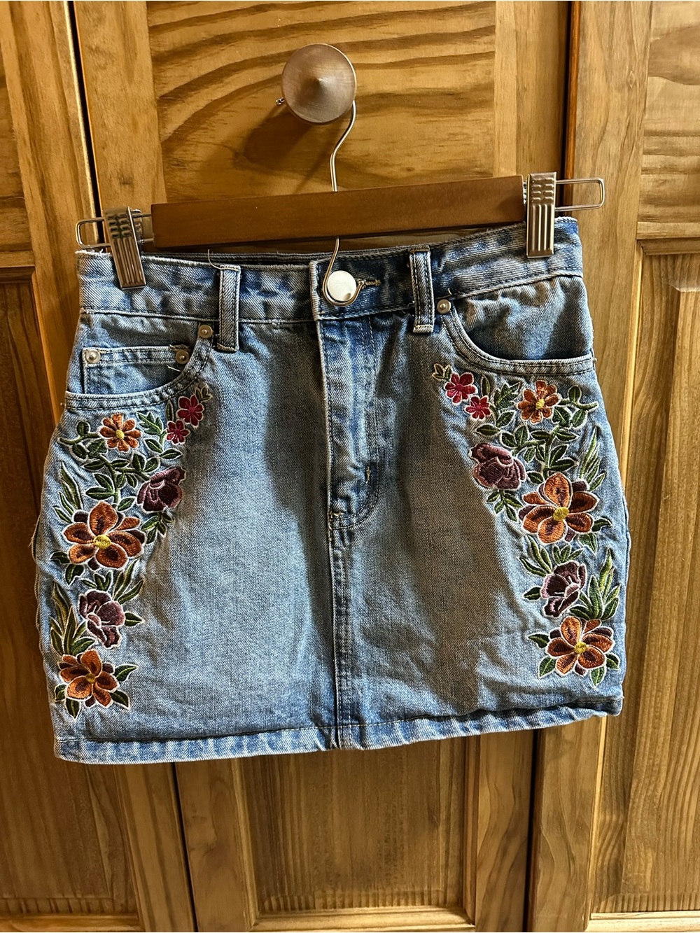 Forever 21 Light Blue Denim Mini Skirt with Multicolor Floral Embroidery